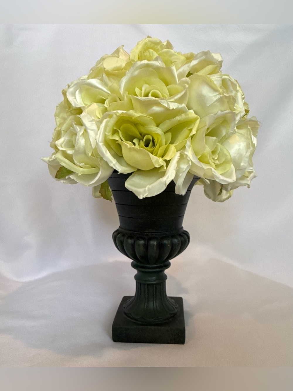 Artificial Ivory Green Rose Bouquet in Classic Black Urn